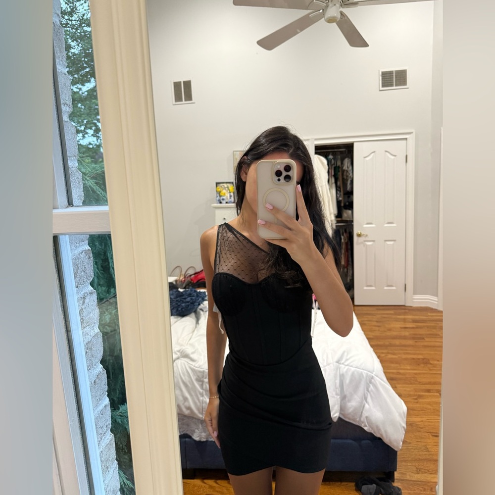 Black One Shoulder Bodycon Corset Dress with Mesh Overlay